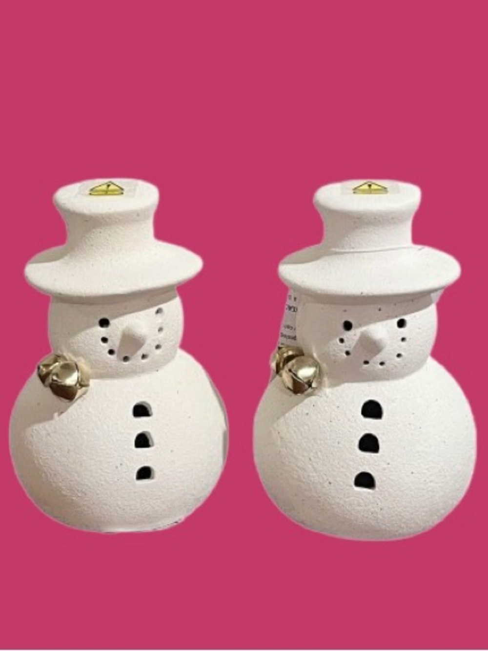 🆕- Set of 2- White Textured Ceramic Light-Up Christmas Snowman w/ Bell Accent